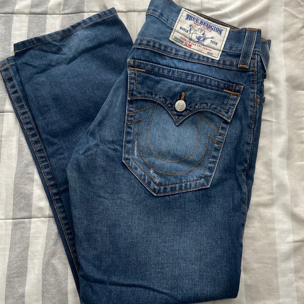 True religion slim fit jeans with orange stitching perfect condition. 34 waist